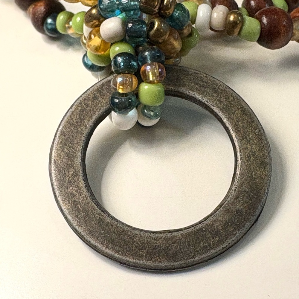 Boho Beaded Necklace Multicolor Seed Beads Metal Pendant - Picture 3 of 5
